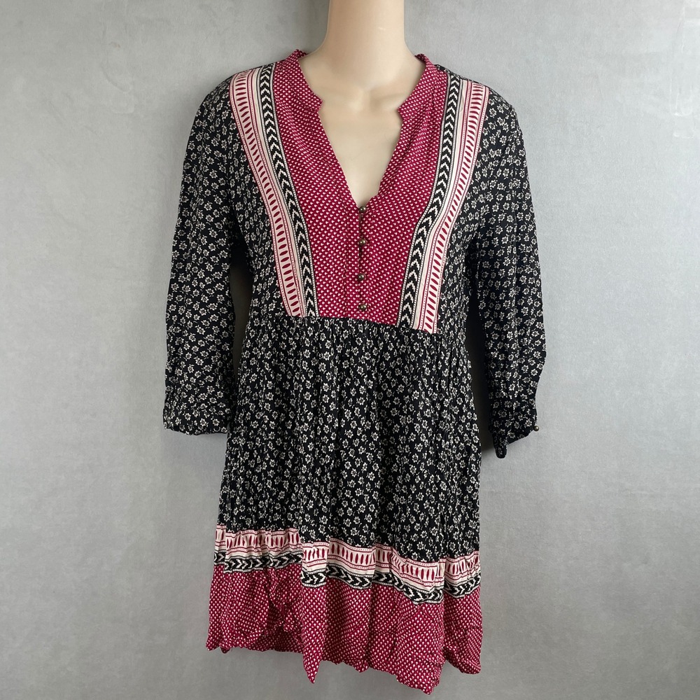 Forever 21 Boho Gypsy Floral Mixed Print V-Neck Mini Dress Black Red Folk S NWT